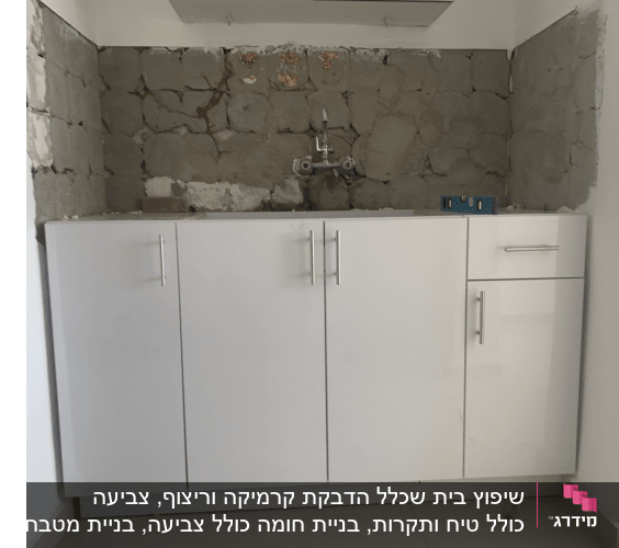 ארונות מטבח לבנים, קיר חשוף עם בלוקים, כלי עבודה על השיש